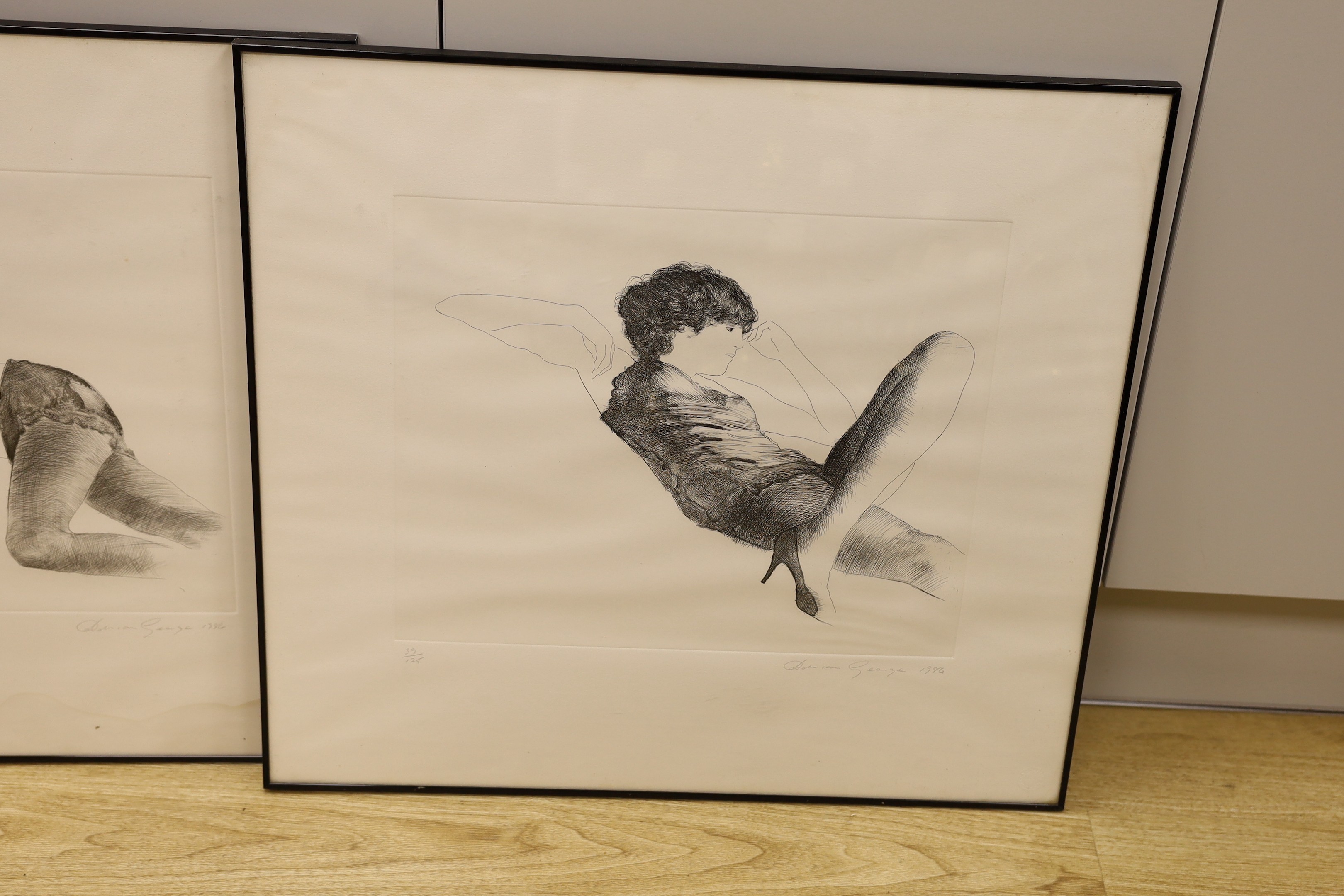 Dorian George, two etchings, Reclining woman, signed in pencil and dated 1986, 37 and 39/125, overall 56 x 60cm